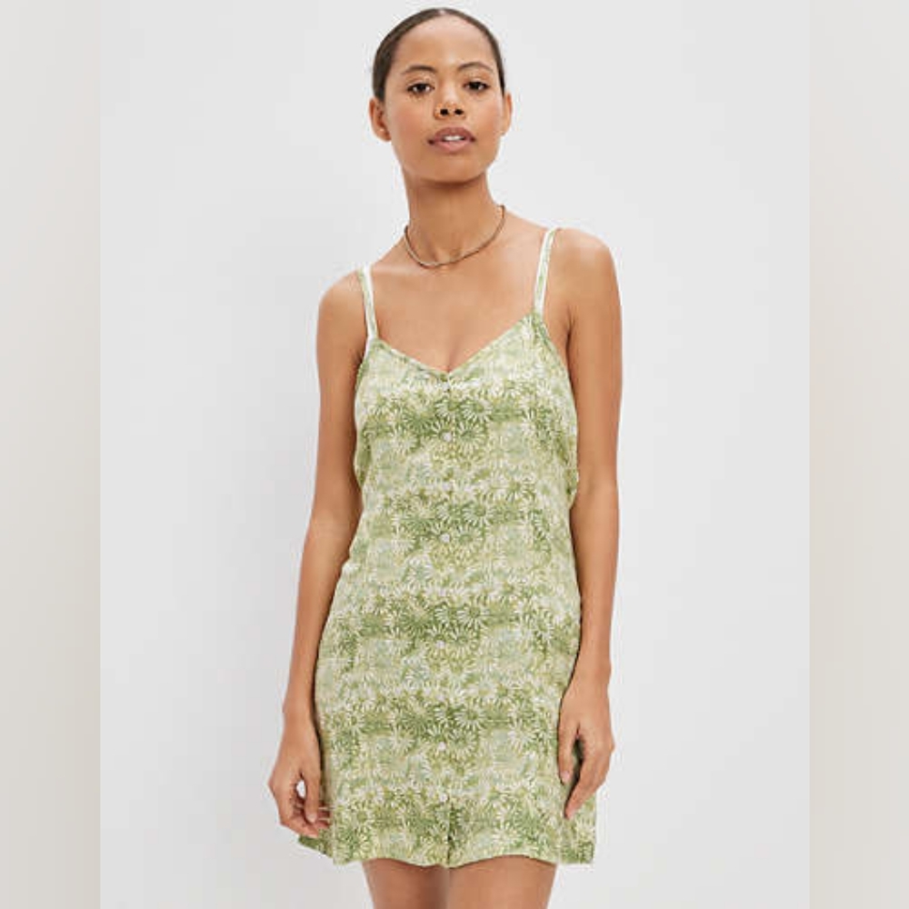 American Eagle Green Floral V-Neck Mini Dress